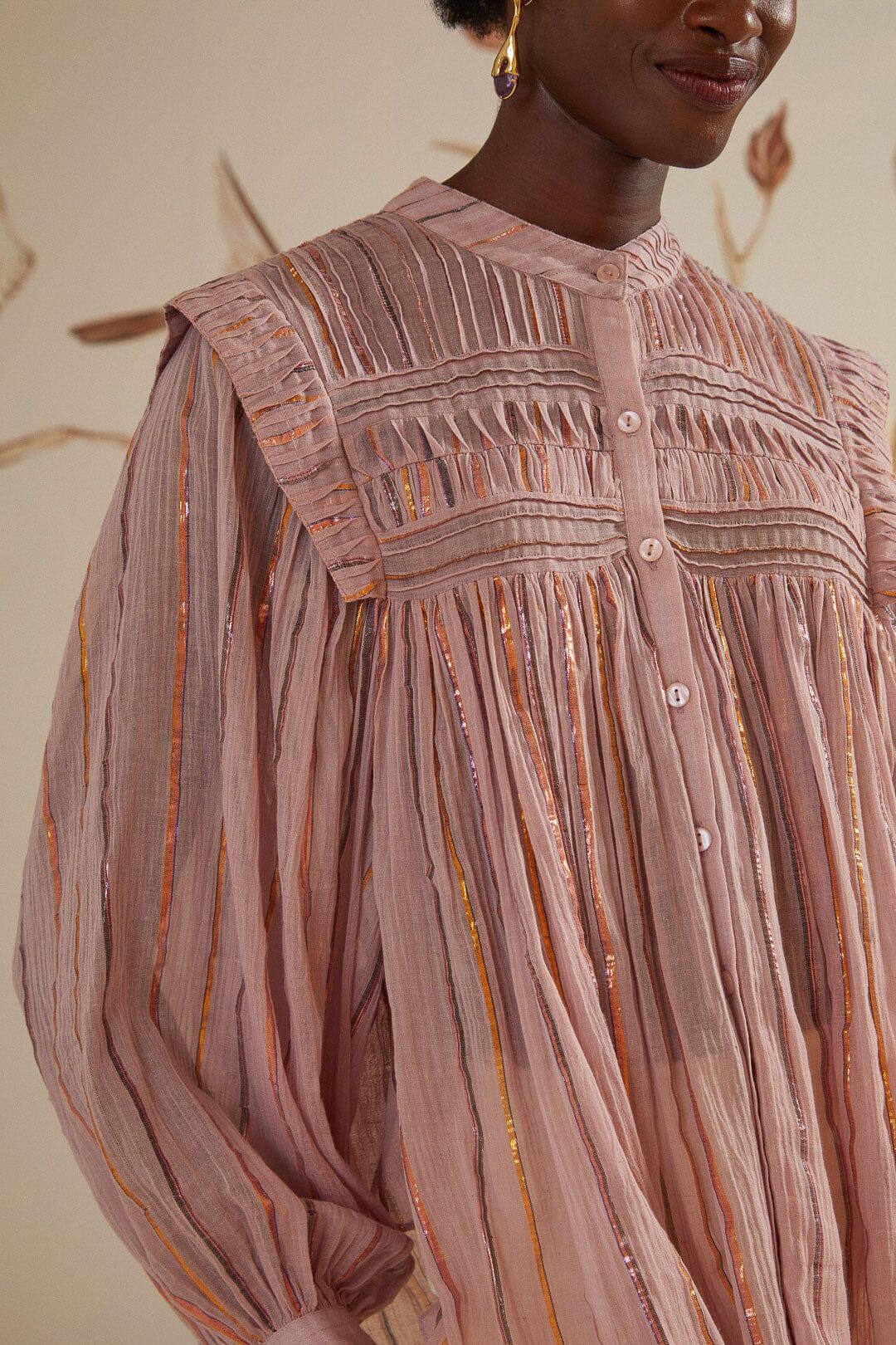 Light Pink Pleated Yoke Long Sleeve Blouse Product Image