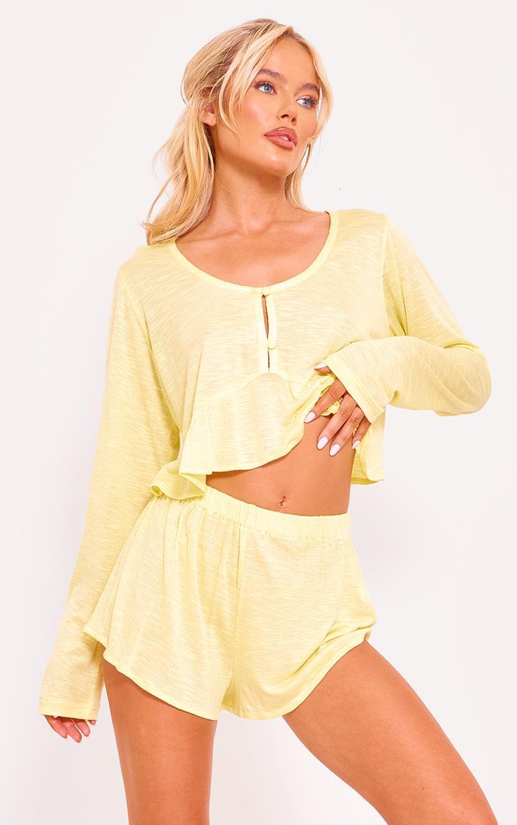 Lemon Long Sleeve Button Frill Top And Short PJ Set Product Image