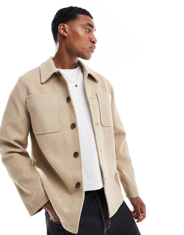 ASOS DESIGN wool look shacket in camel Product Image