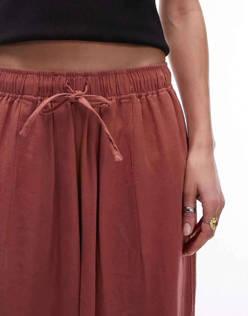 Topshop linen wide leg pants in burnt brick Product Image