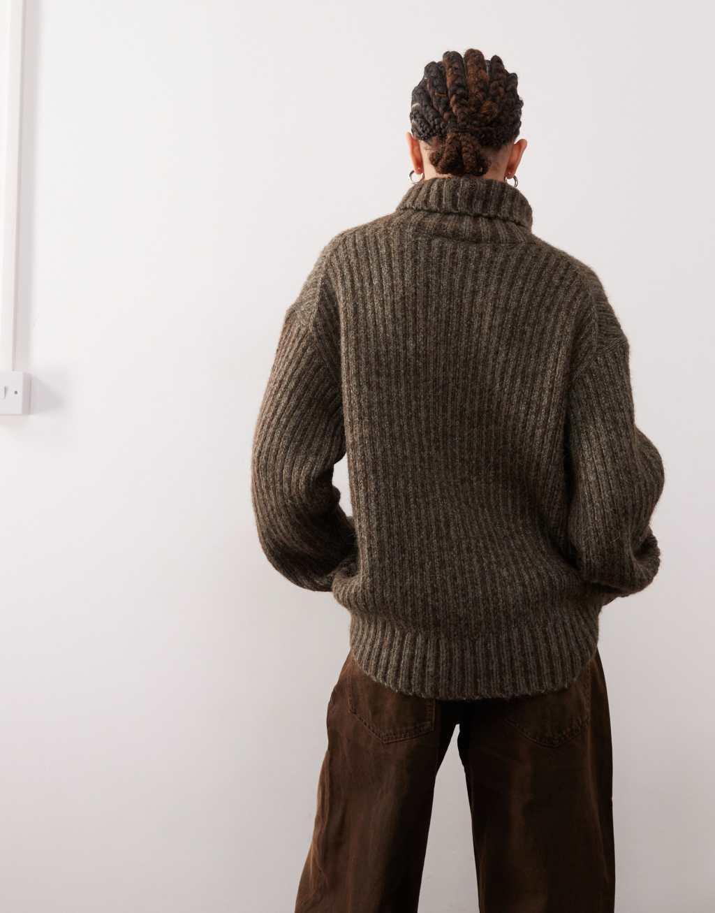 Weekday Elvine wool & alpaca blend chunky knit turtleneck sweater in brown Product Image