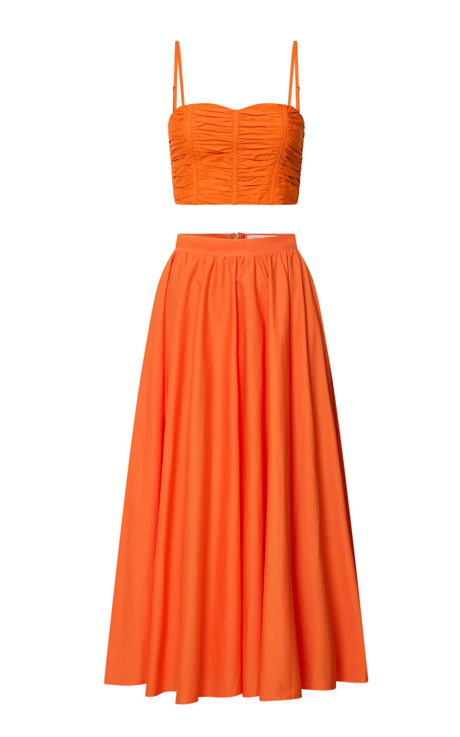 Astrid Two Piece Set - Ruched Chest Top and Midi Skirt Set in Orange Product Image