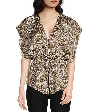 MICHAEL Michael Kors Satin V-Neck Paisley Print Flounce Short Dolman Sleeve Blouse Product Image