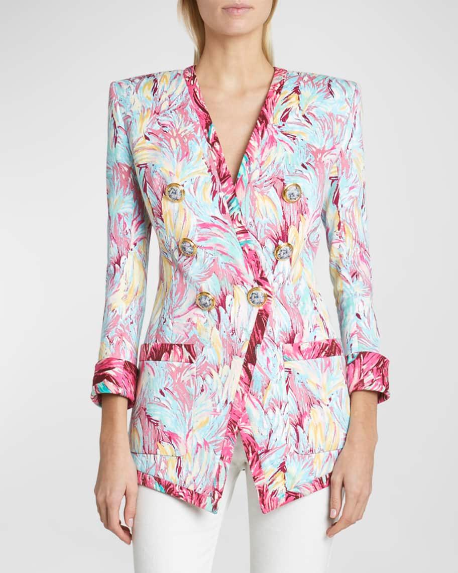 Feather-Print Collarless Long Double-Breasted Jacket Product Image