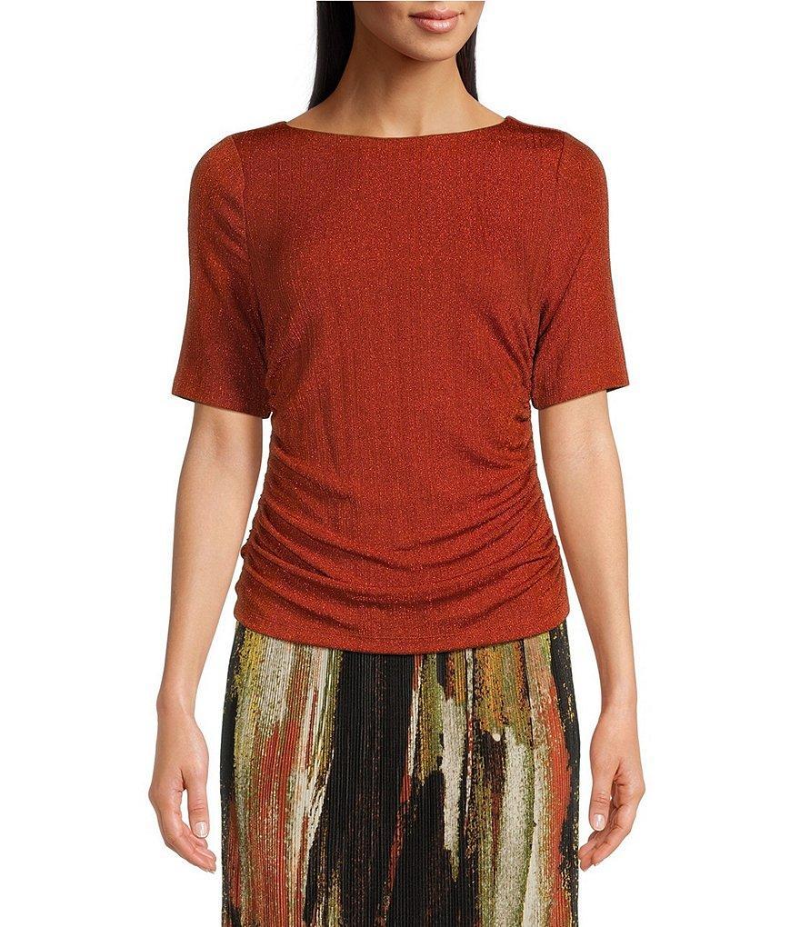 DKNY by Donna Karan Lurex Rib Knit Elbow Sleeve Crew Neck Top Product Image