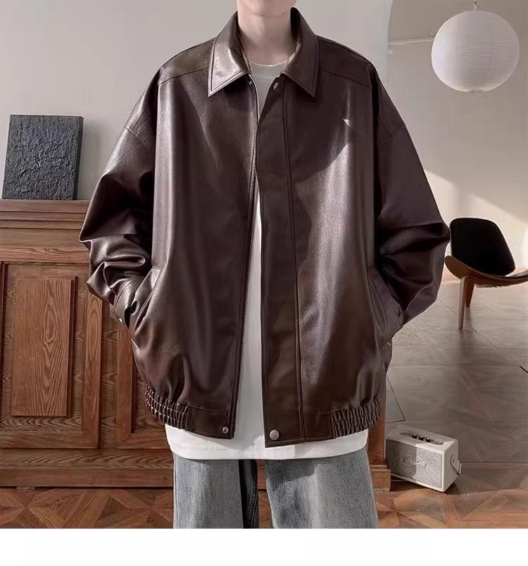 Plain Faux Leather Zip Jacket Product Image