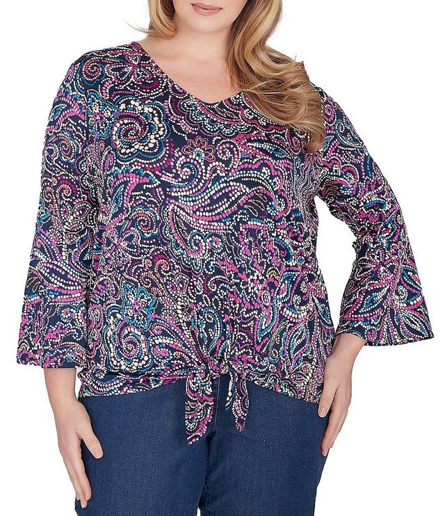 Ruby Rd. Plus Size Puff Brocade Print Knit V-Neck 3/4 Flare Sleeve Tie-Front Top Product Image