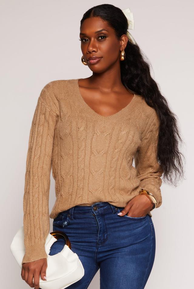 Womens Cable Knit V Neck Sweater Product Image