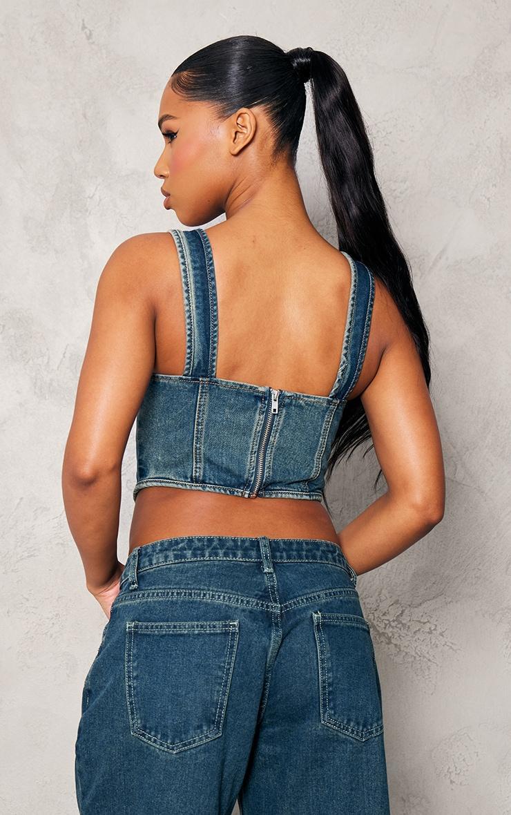 Vintage Wash Dip Hem Bust Cup Denim Corset Product Image