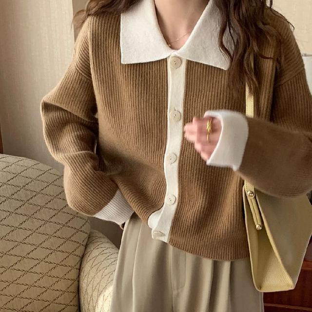 Collar Plain Contrast Trim Ribbed Cardigan Product Image