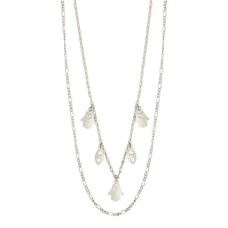 MC Collective Layered Evil Eyes & Hand Figaro Chain Necklace, Womens Silver Tone Product Image