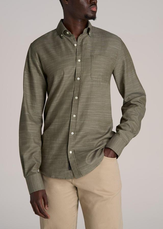 Textured Weave Cotton Button-Up Shirt for Tall Men in Olive Male Product Image