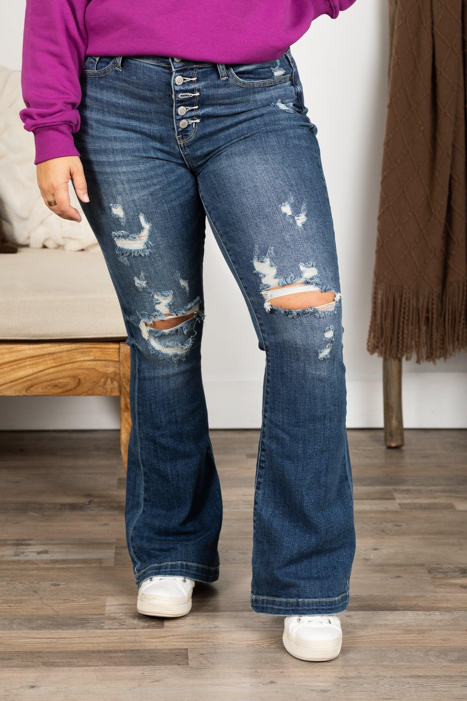 Judy Blue Mid Rise Distressed Flare Jeans Product Image