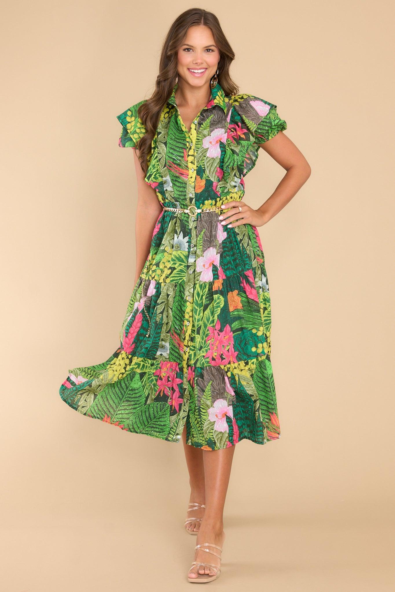 Palms Away Wild Game Green Tropical Print Dress Product Image