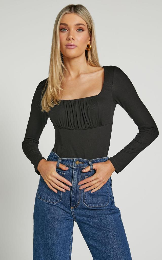 Audrey Top - Long Sleeve Square Neck Ruched Bodice in Black Product Image