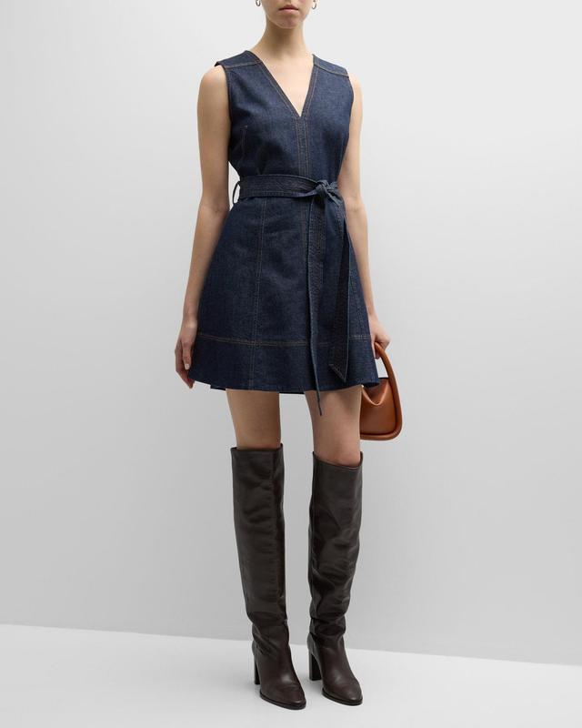 Reina Sleeveless Belted Fit & Flare Denim Mini Dress Product Image