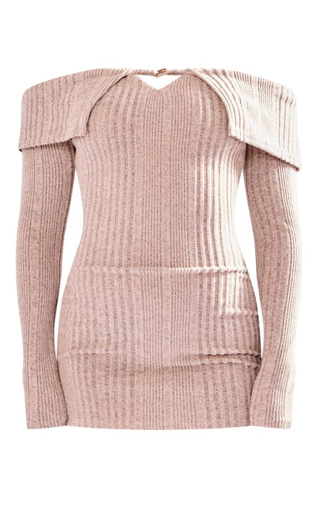 Petite Taupe Brushed Rib Fold Over Mini Dress Product Image