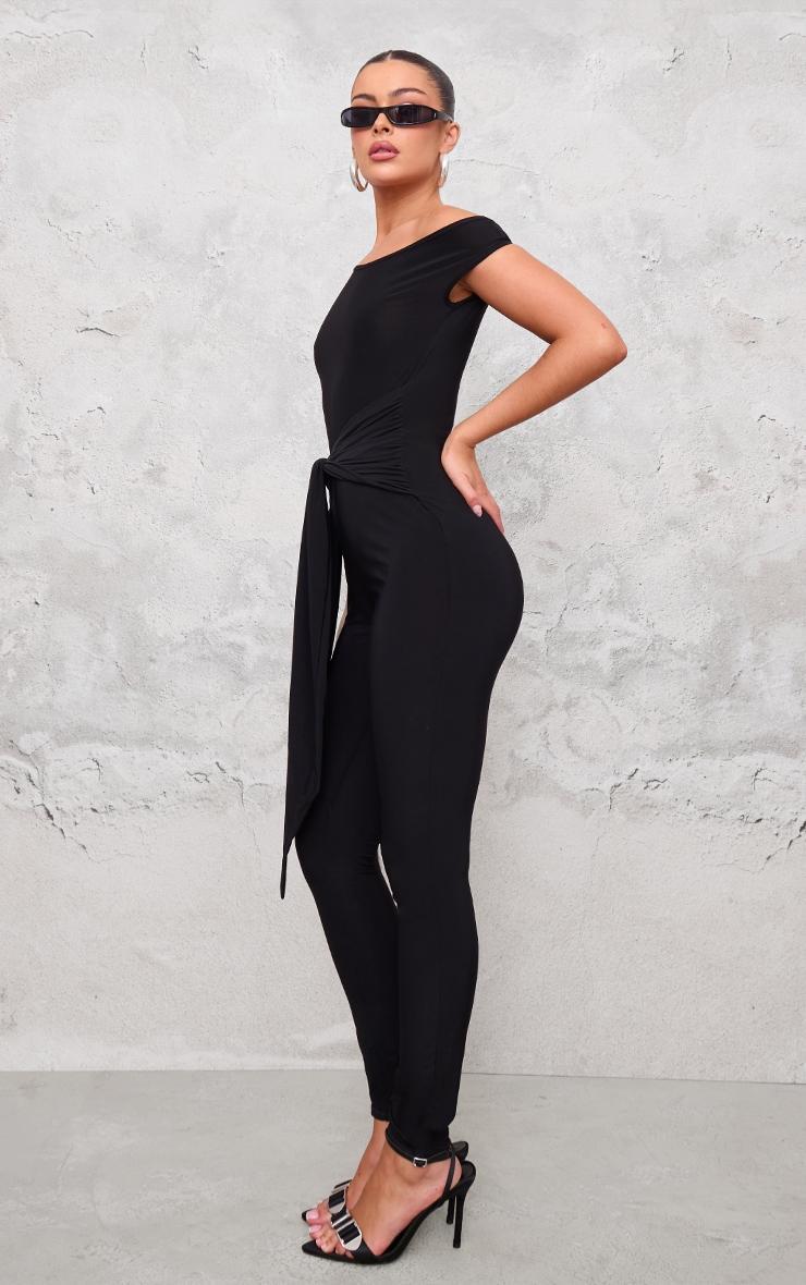  Black Double Layer Slinky Knot Detail Wrap Front Jumpsuit Product Image