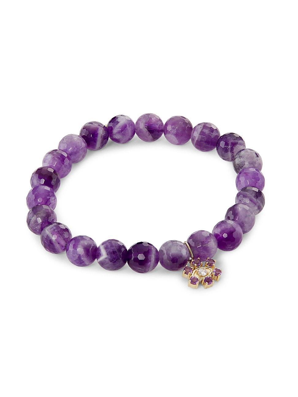 Womens 14K Yellow Gold, Amethyst & 0.0513 TCW Diamond Beaded Evil Eye Stretch Bracelet Product Image