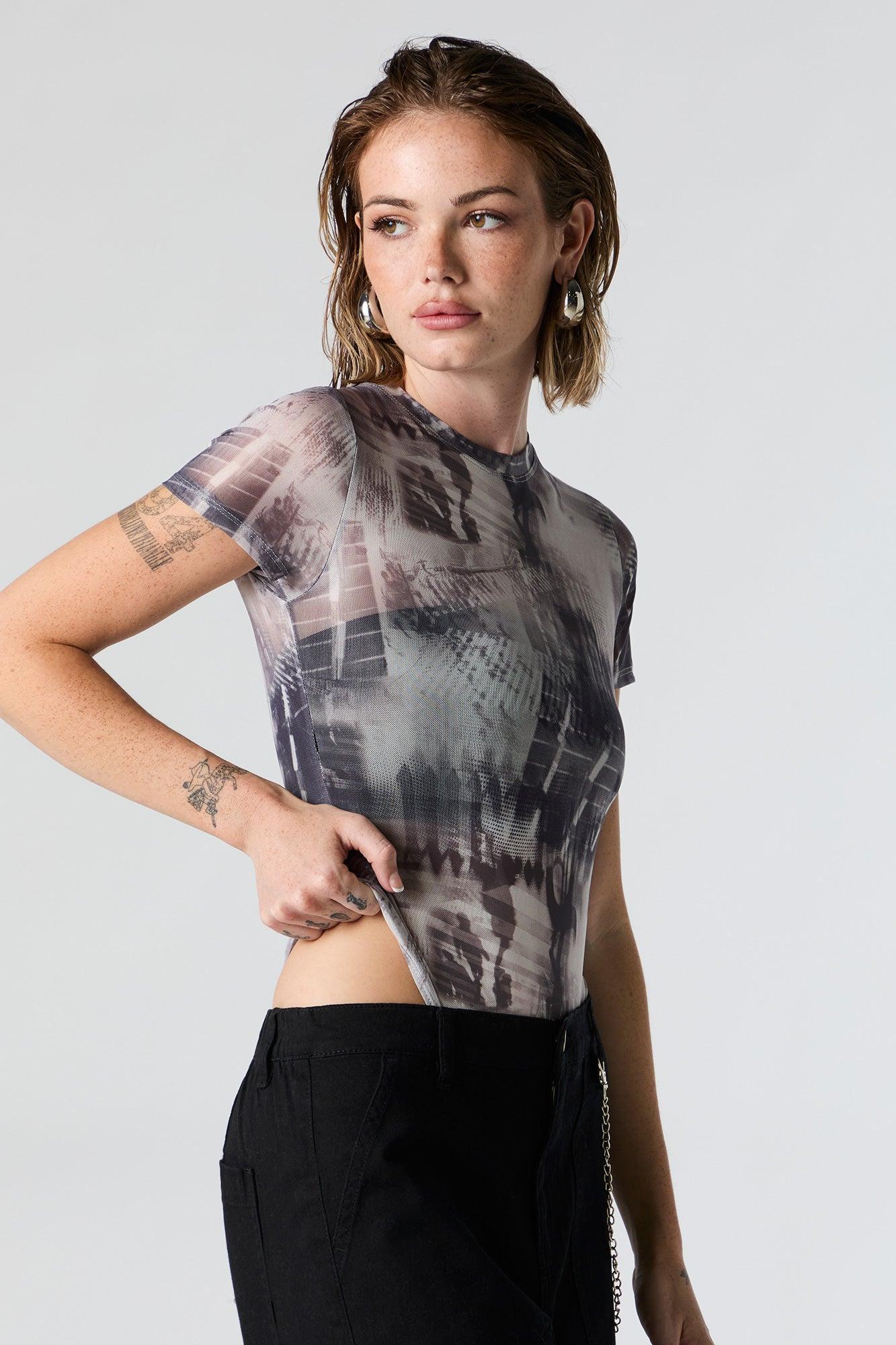 Abstract Print Mesh Short Sleeve Bodysuit Female Product Image