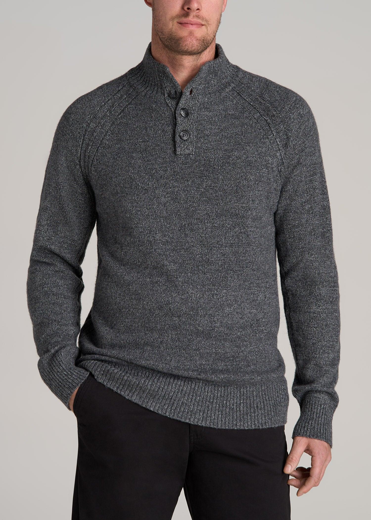 Three Button Mock Neck Tall Men's Sweater in Grey Marl Product Image