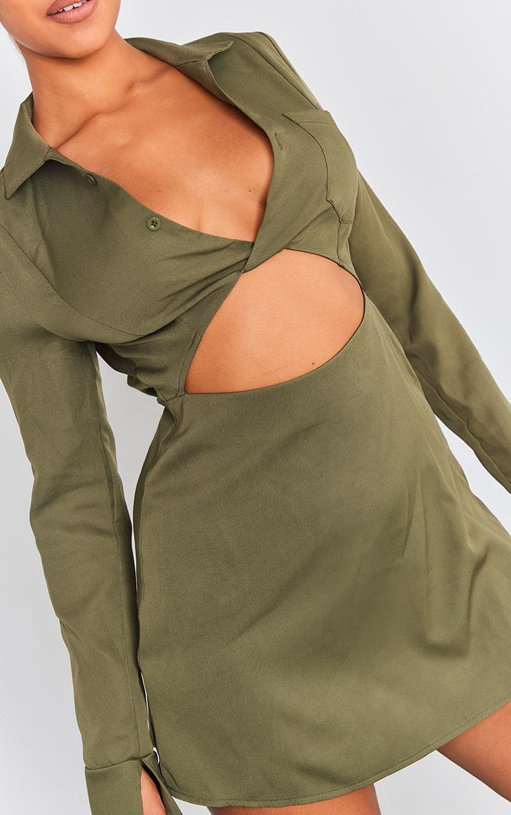 Khaki Collar Detail Cut Out Flare Sleeve Shift Dress Product Image