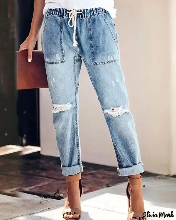 Olivia Mark – Ripped drawstring jeans with pocket Product Image