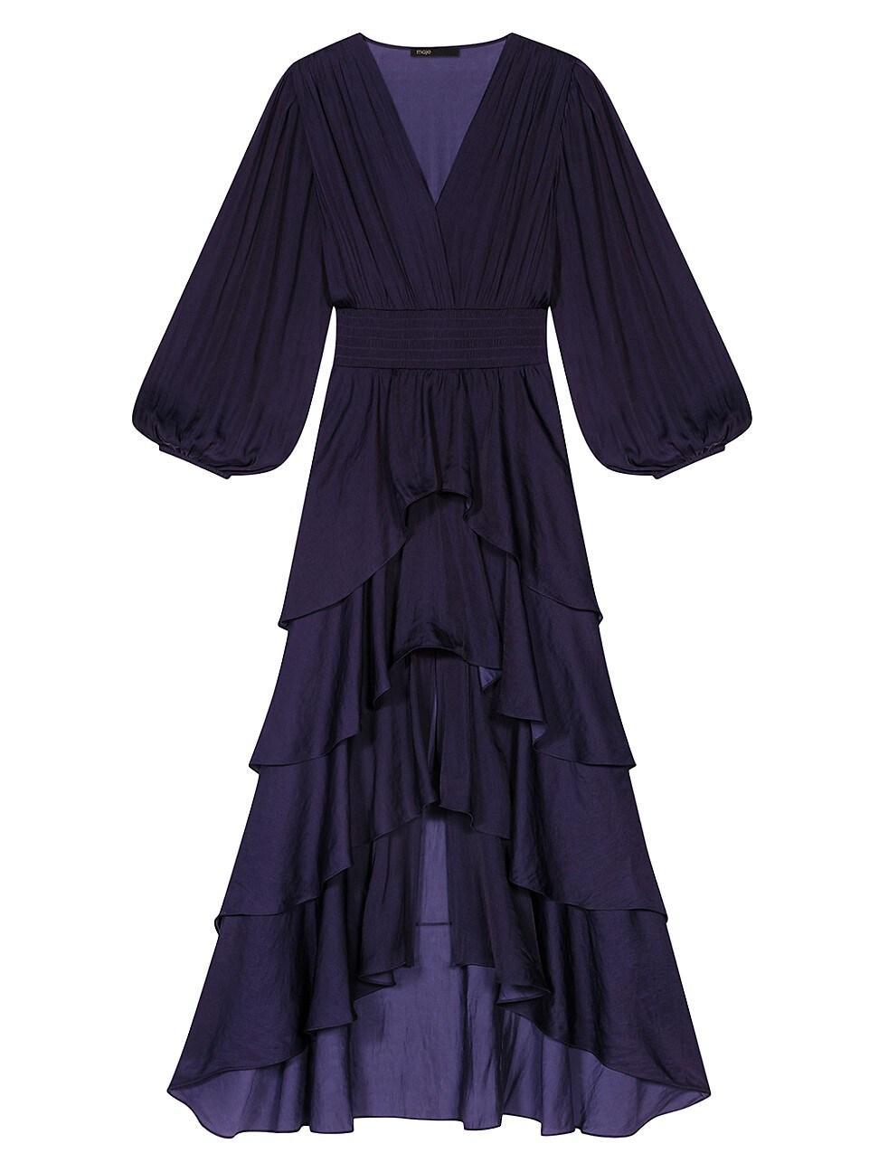 maje Ruffinella Long Sleeve Tiered Ruffle Satin Dress Product Image