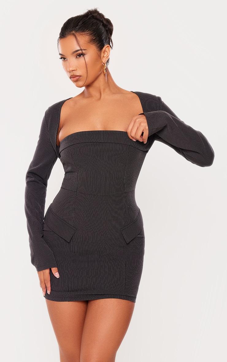 Black Tailored Woven Pinstripe Pocket Bodycon Dress Product Image