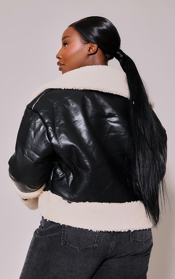 Plus Black Faux Leather Faux Fur Trim Coat Product Image