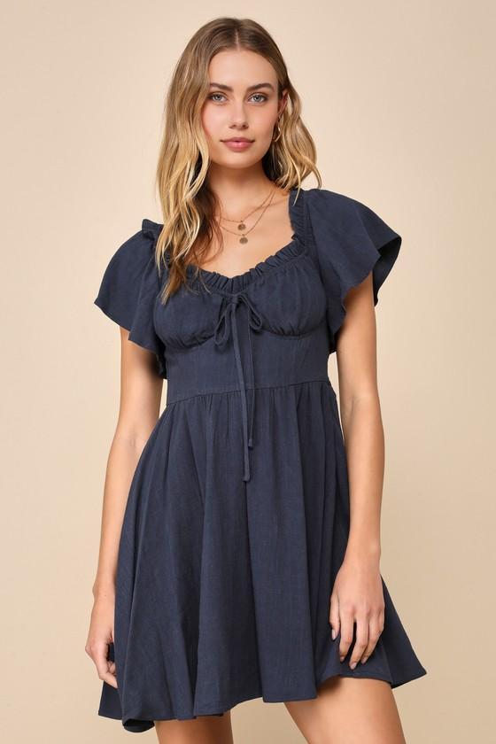 Adorable Personality Navy Blue Linen Off-the-Shoulder Mini Dress Product Image