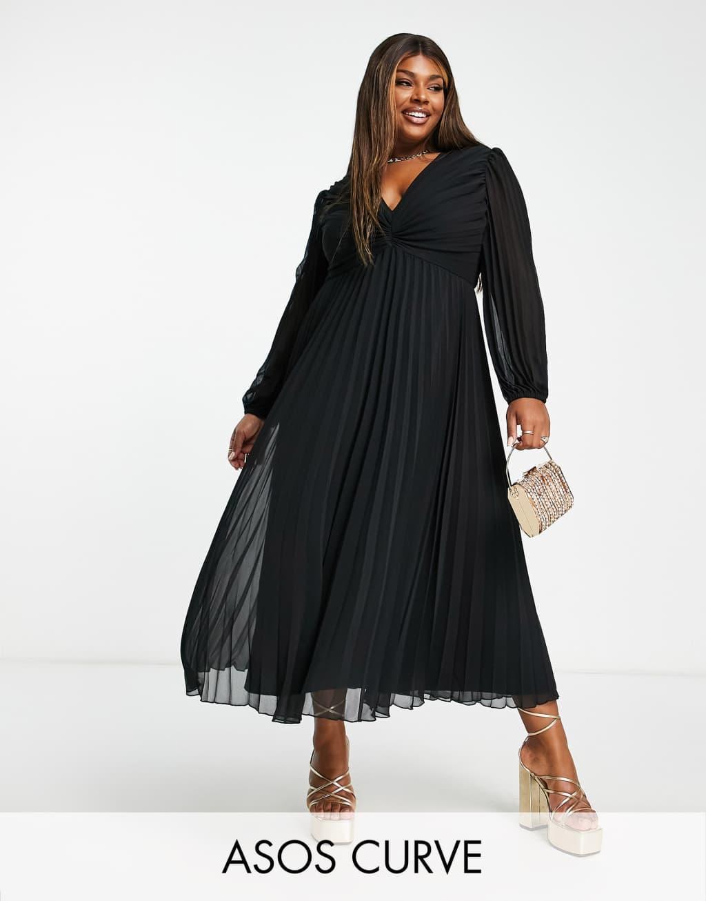 ASOS DESIGN Curve pleated bodice plunge neck midi dress Product Image