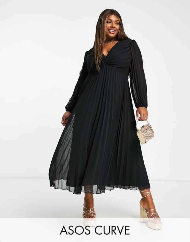 ASOS DESIGN Curve pleated bodice plunge neck midi dress in black Product Image