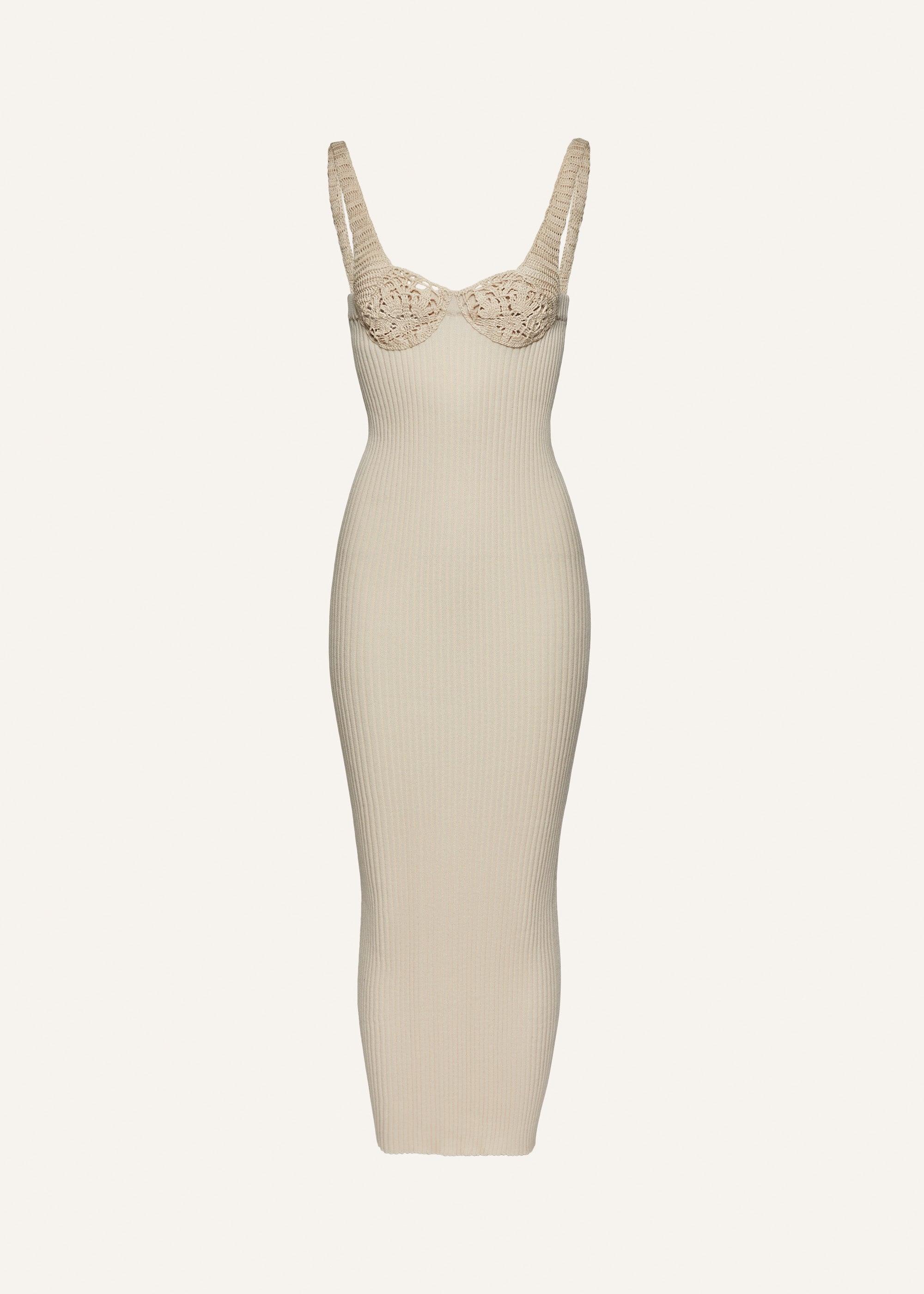 Crochet bra ribbed knit dress in cream Product Image