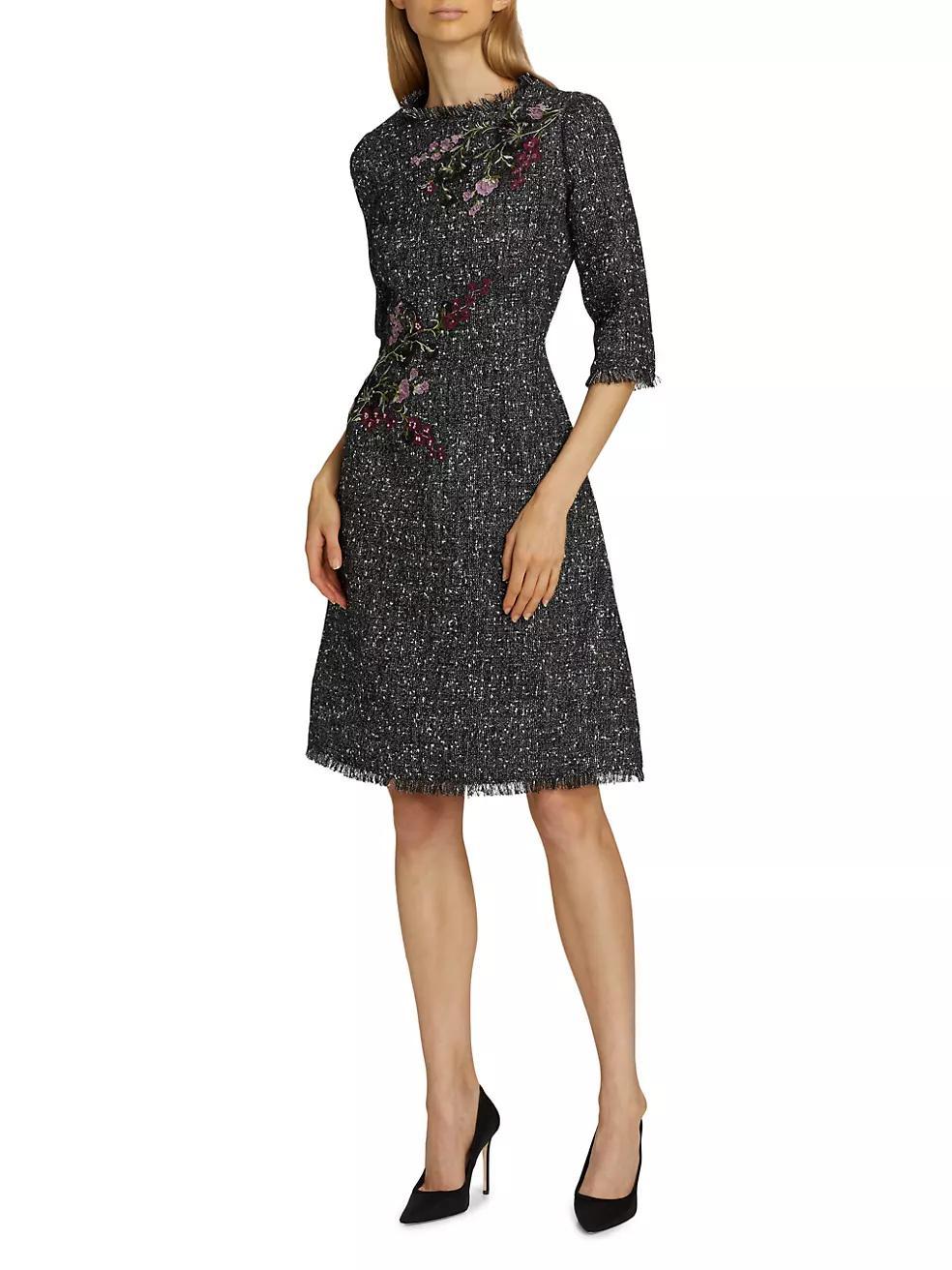 Floral Appliqué Tinsel Tweed Cocktail Dress Product Image