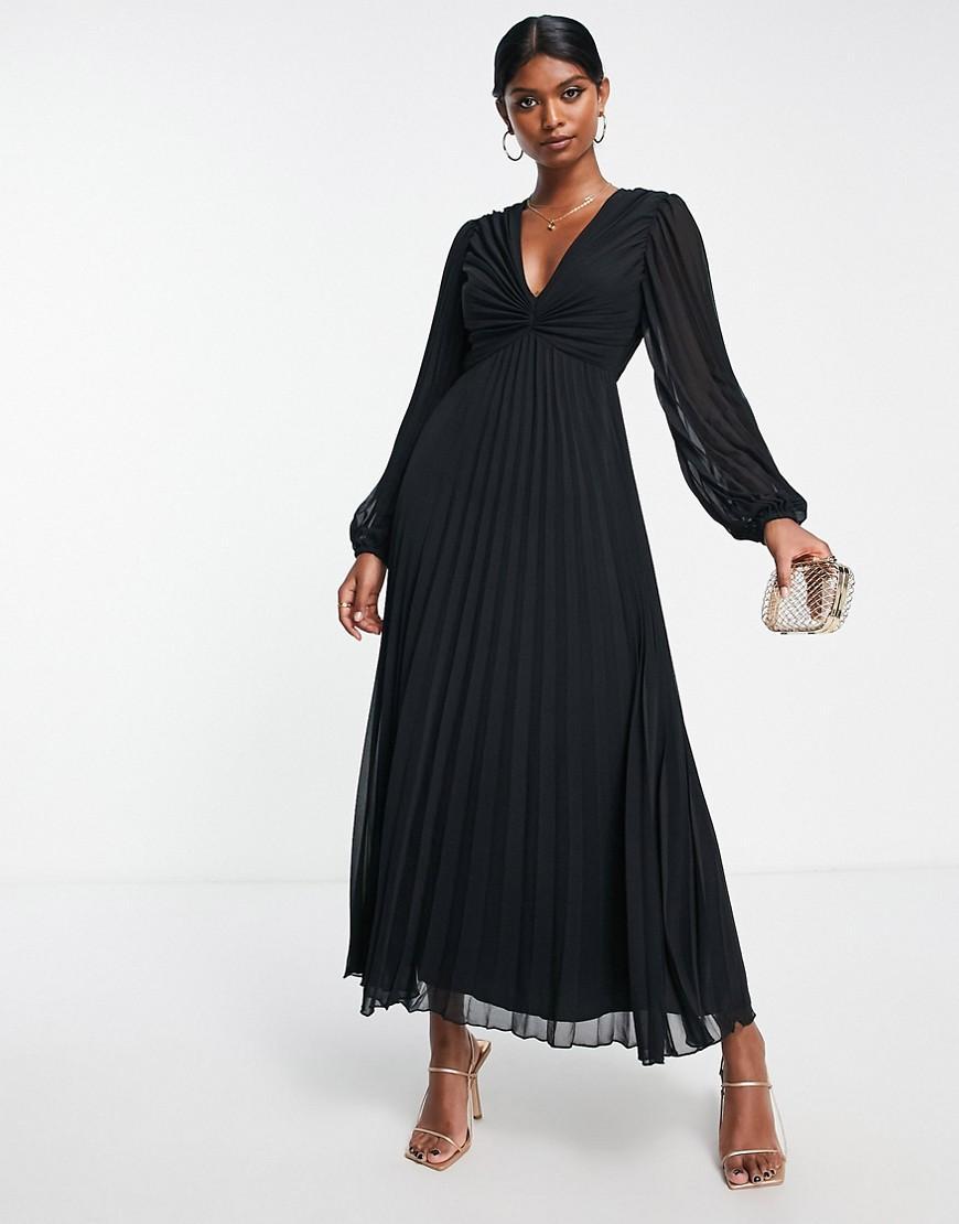 ASOS DESIGN pleated bodice plunge neck midi dress in black Product Image