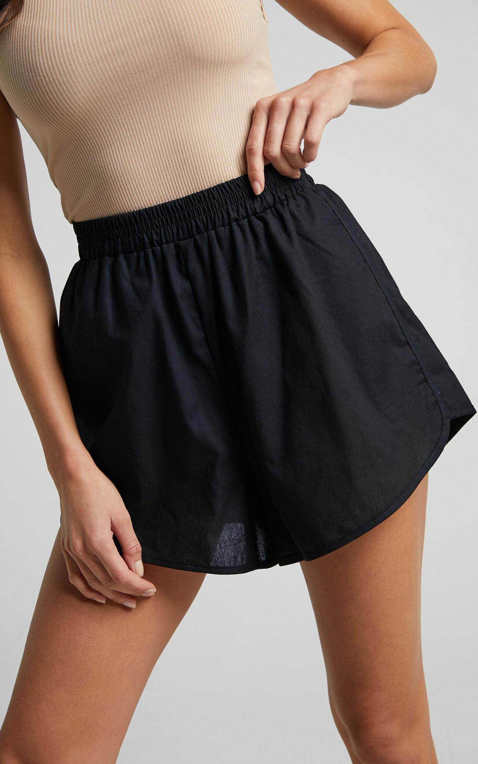 Cartia Short - Linen Look Elasticated Curved Hem Soft Shorts in Black Product Image