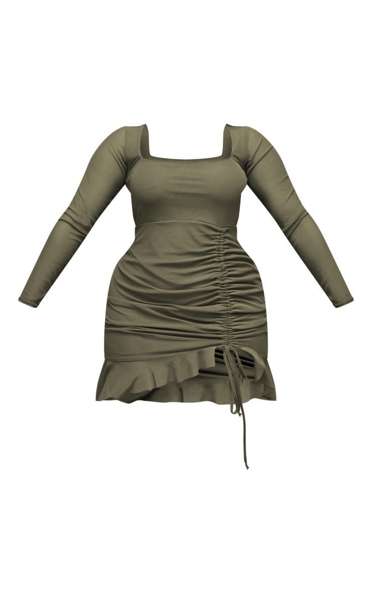 Shape Khaki Mesh Long Sleeve Ruched Side Frill Hem Bodycon Dress Product Image