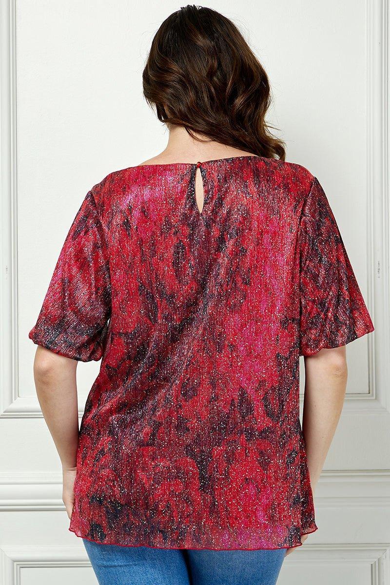 Short Puff Sleeve Scoop Neck Bubble Blouse- Blk/Burgundy/Red- Plus Product Image