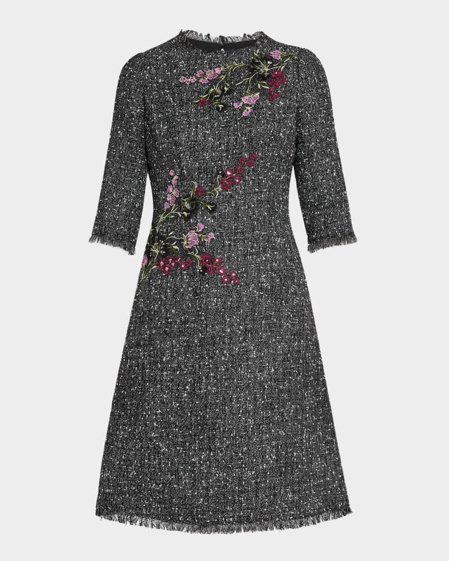 Fringe-Trim Floral Applique Tweed Dress Product Image