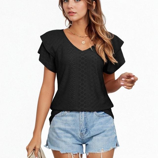 Olivia Mark –  Premium Solid Color V-Neck Short Sleeve T-Shirt with Loose-Fit and Double Layered Sleeves Product Image