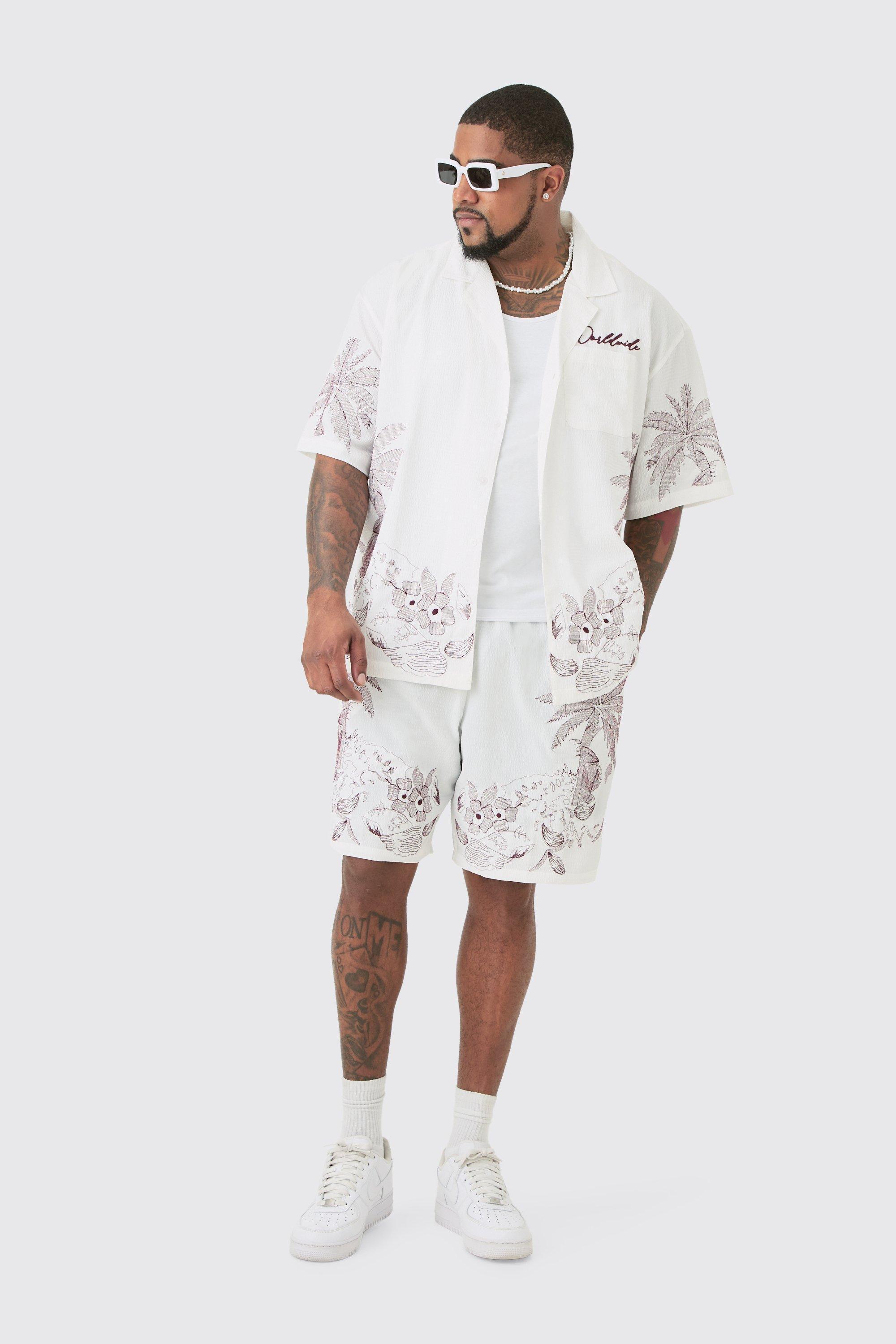 Plus Drop Revere Seersucker Embroidered Floral Shirt & Short Set | boohooMAN USA Product Image