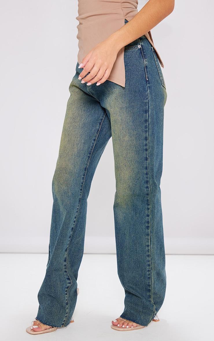 PRETTYLITTLETHING Petite Indigo Vintage Wash Long Leg Straight Jeans Product Image