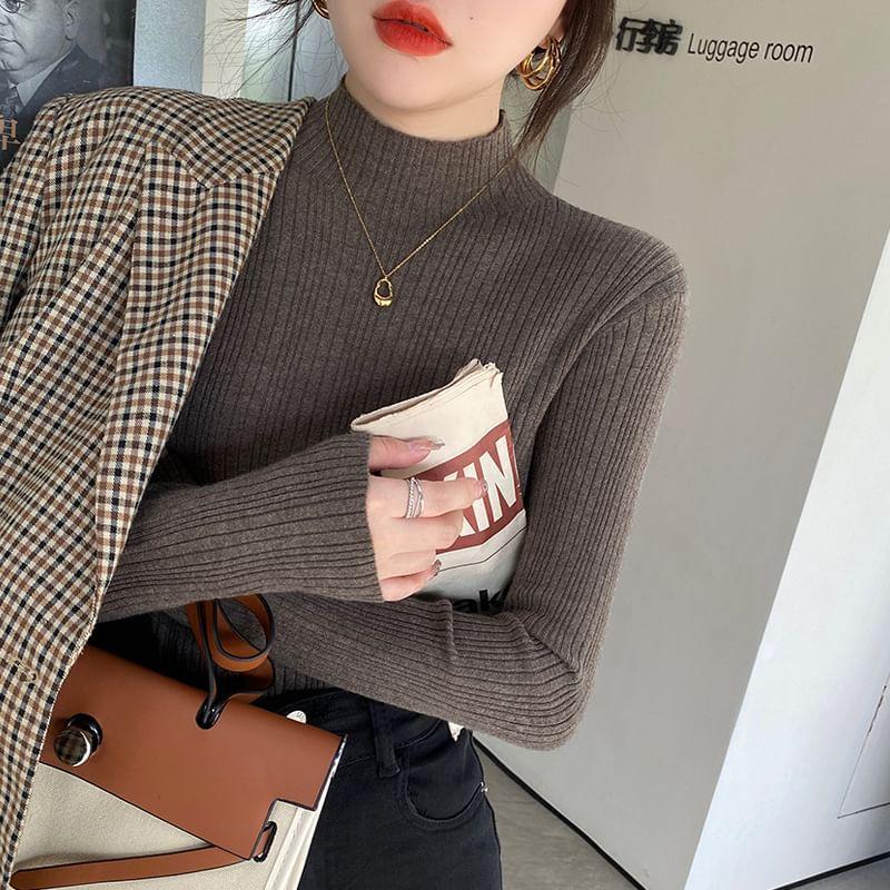 Long-Sleeve Mock Neck Plain Ribbed Slim Fit Knit Top Product Image