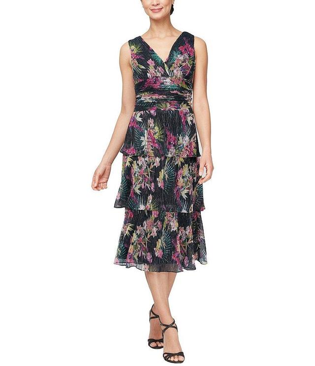 Ignite Evenings Sleeveless V-Neck Tiered Skirt Floral Midi Dress Product Image