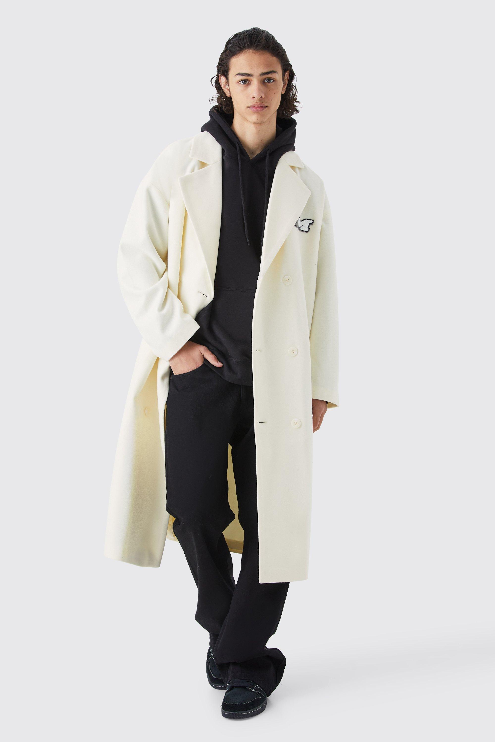 Double Breasted Longline Varsity Badge Overcoat | boohooMAN USA Product Image