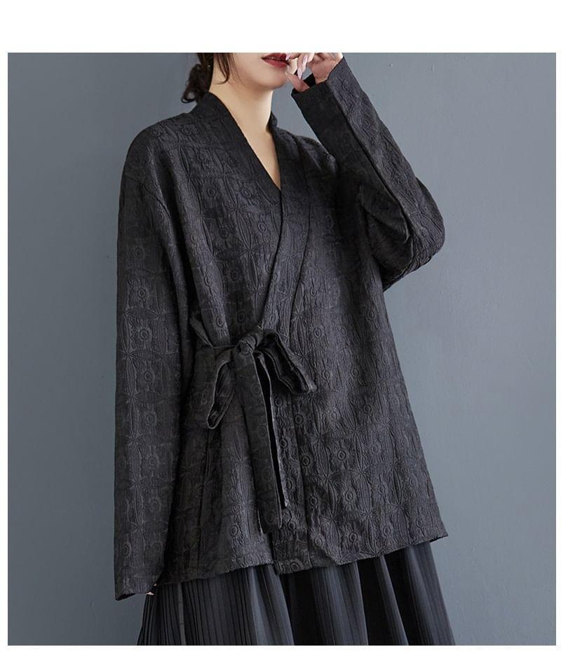 V-Neck Jacquard Tie Front Kimono Jacket Product Image