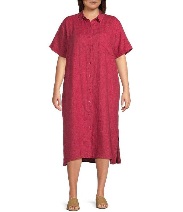 Eileen Fisher Plus Size Delave Organic Linen Point Collar Short Sleeve Button-Front Shirt Dress Product Image