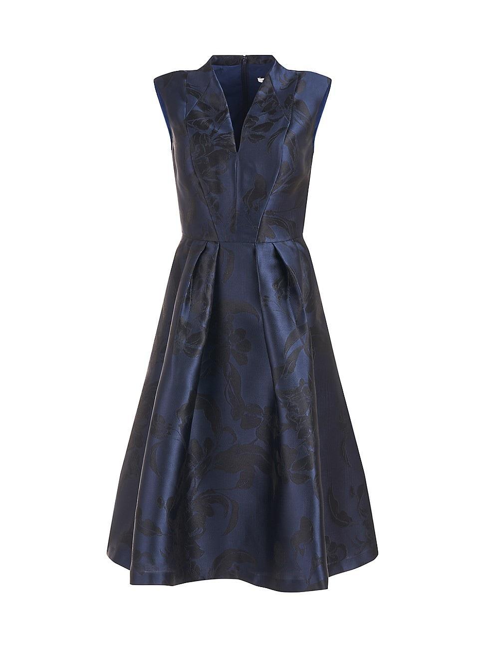 Kay Unger Metallic Floral Jacquard V Neckline Cap Sleeve Pleated Fit and Flare Midi Dress Product Image