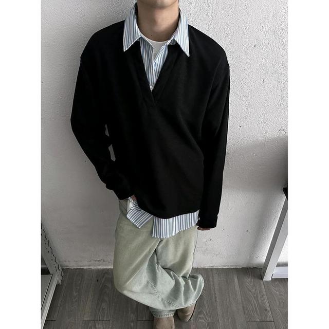 Mock Two-Piece Collared Sweatshirt Product Image